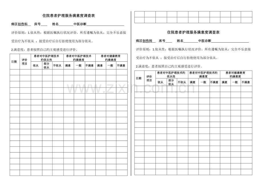住院患者护理服务满意度调查表中医护理方案.doc_第1页
