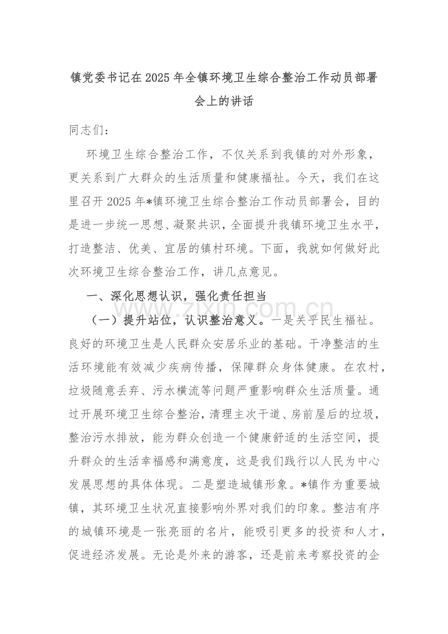 镇党委书记在2025年全镇环境卫生综合整治工作动员部署会上的讲话.docx_第1页