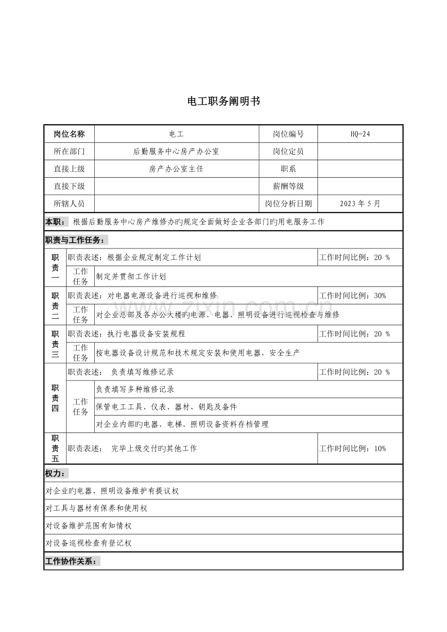 通信行业后勤服务中心电工岗位说明书.doc_第1页