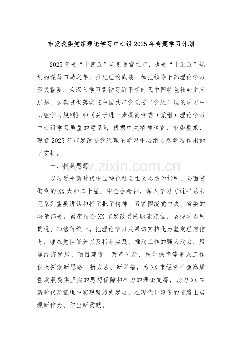 市发改委党组理论学习中心组2025年专题学习计划.docx_第1页