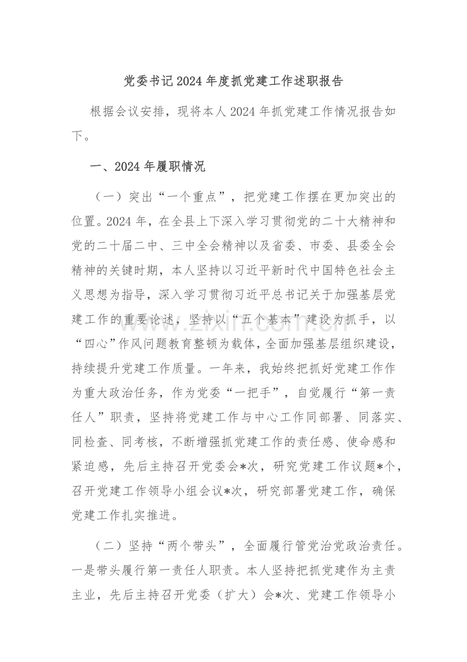 党委书记2024年度抓党建工作述职报告.docx_第1页