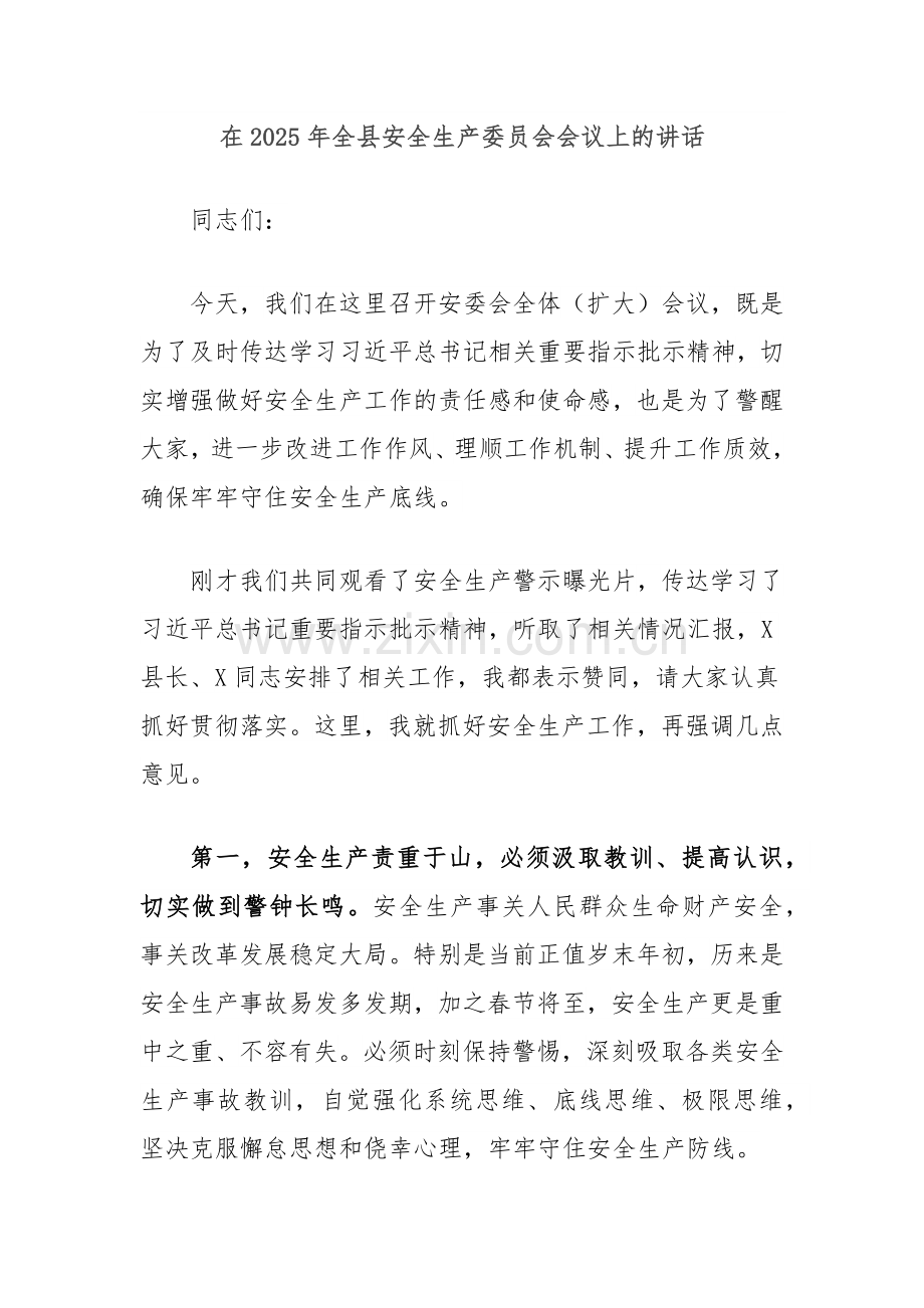 在2025年全县安全生产委员会会议上的讲话.docx_第1页