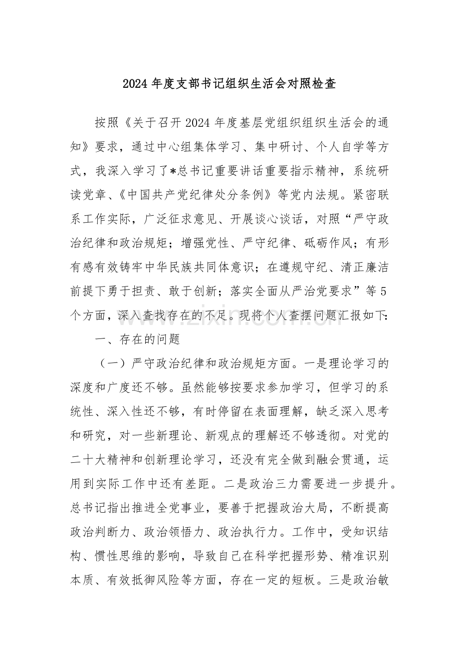 2024年度支部书记组织生活会对照检查.docx_第1页