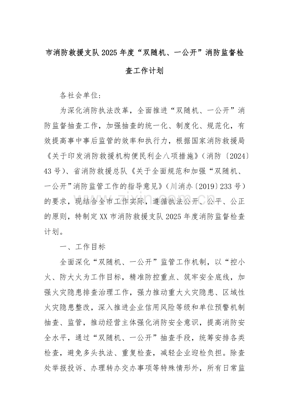 市消防救援支队2025年度“双随机、一公开”消防监督检查工作计划.docx_第1页