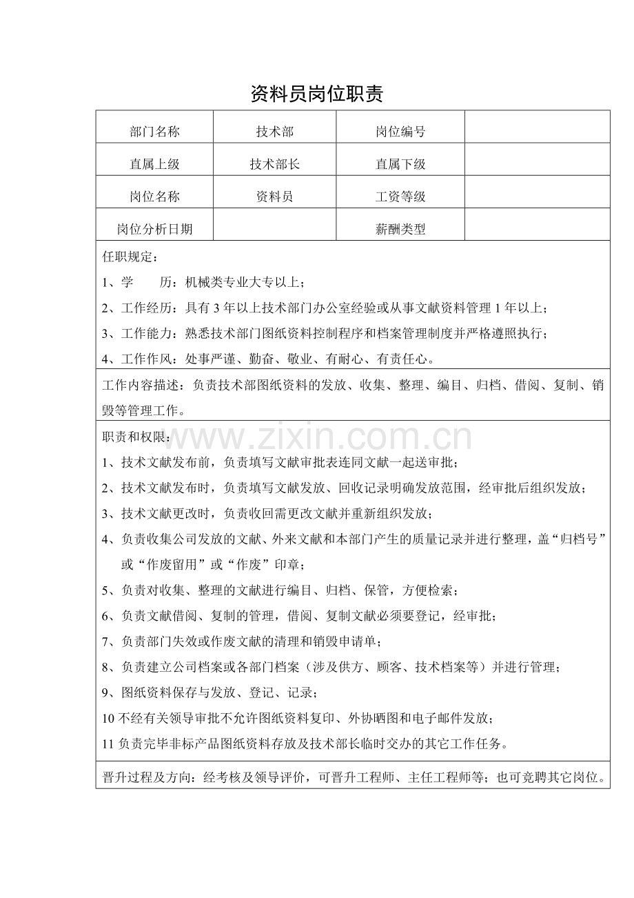 2023年中小企业资料员岗位职责.doc_第1页