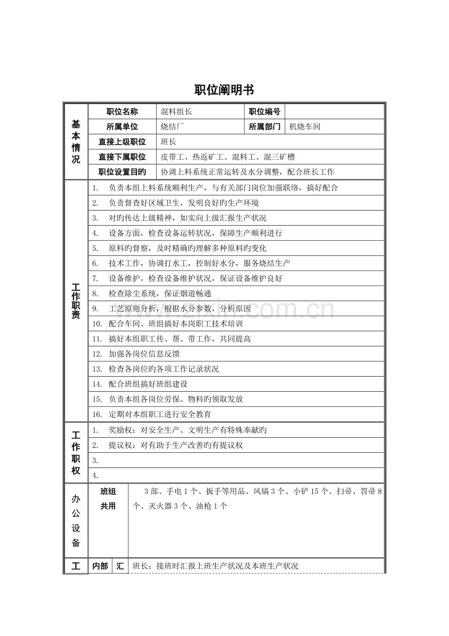 烧结厂混料组长岗位说明书.doc_第1页