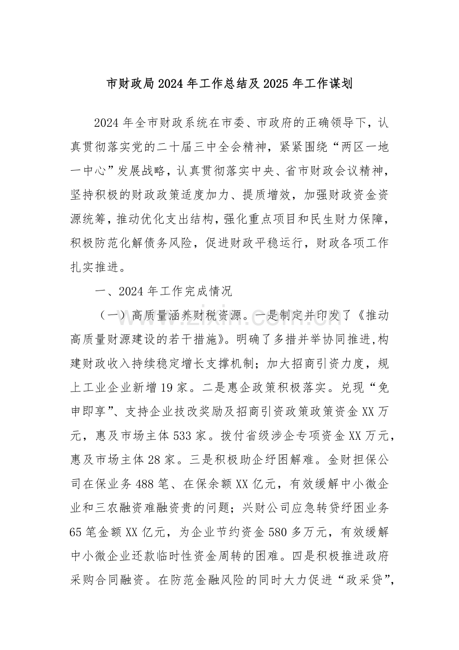 市财政局2024年工作总结及2025年工作谋划.docx_第1页