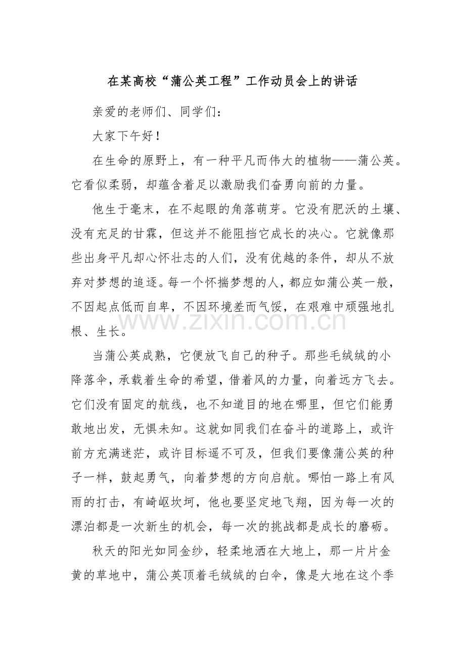 在某高校“蒲公英工程”工作动员会上的讲话.docx_第1页