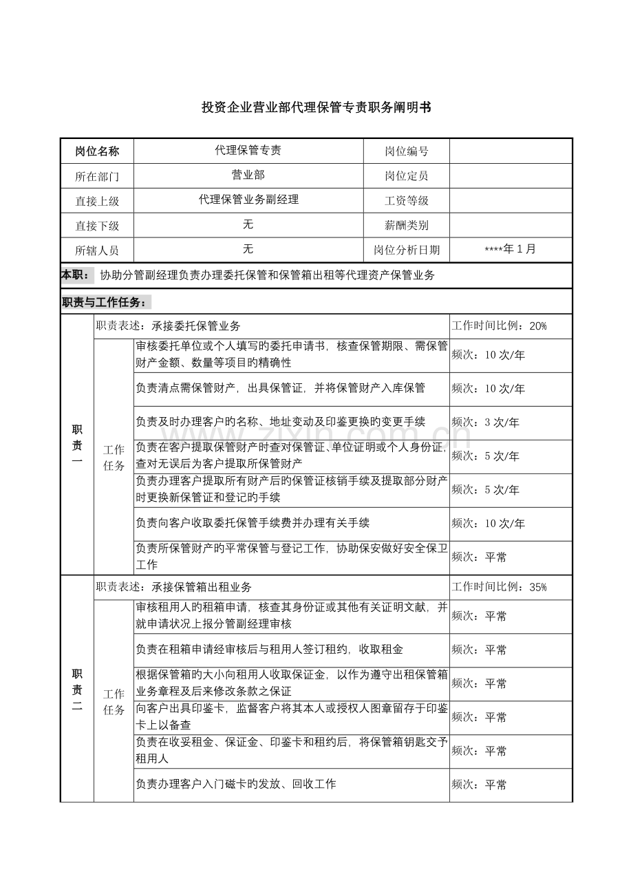 投资公司营业部代理保管专责职务说明书.doc_第1页