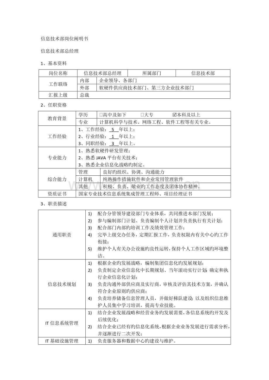信息技术部岗位说明书.doc_第1页