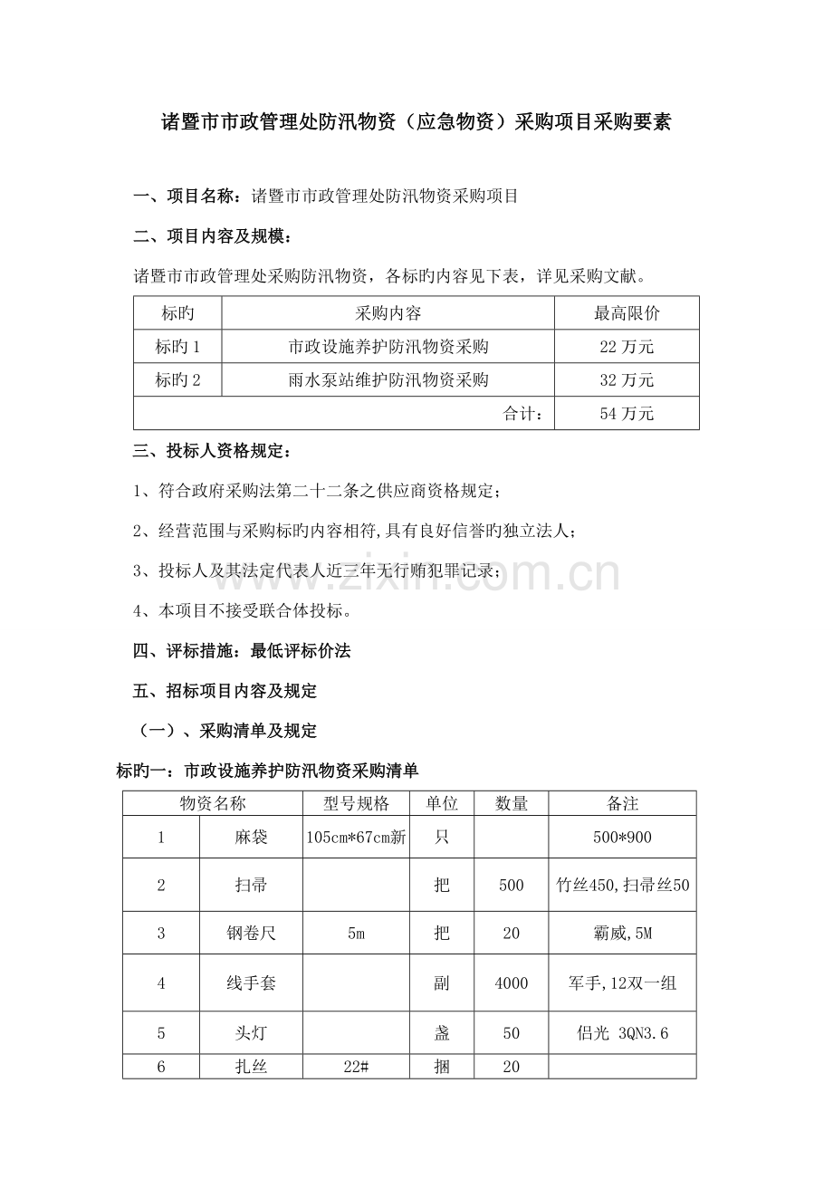 诸暨市市政管理处防汛物资应急物资采购项目采购要素.doc_第1页