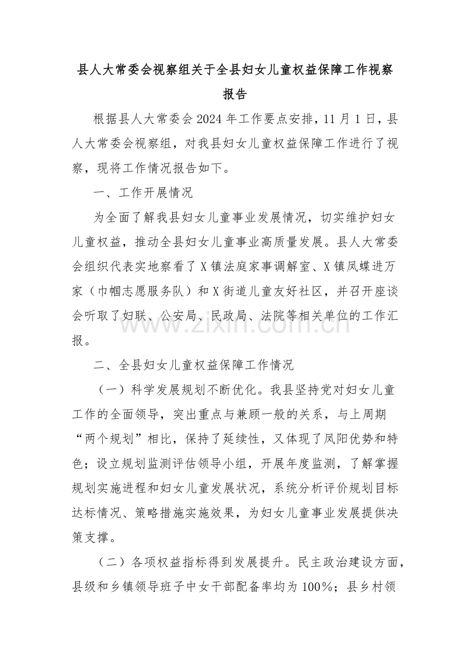 县人大常委会视察组关于全县妇女儿童权益保障工作视察报告 - 副本.docx_第1页