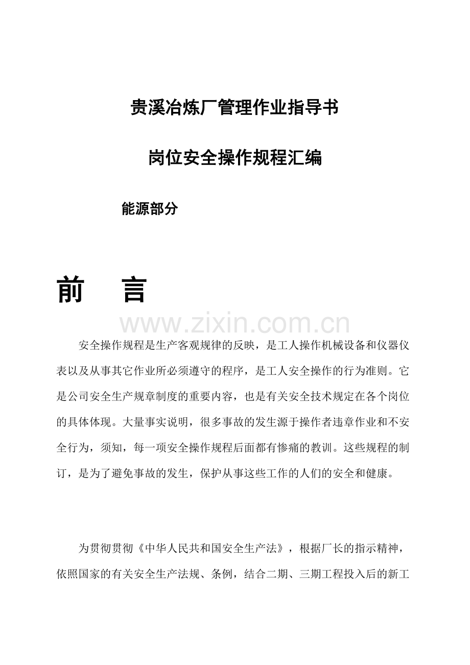 贵溪冶炼厂管理作业指导书岗位安全操作规程汇编能源部分.doc_第1页