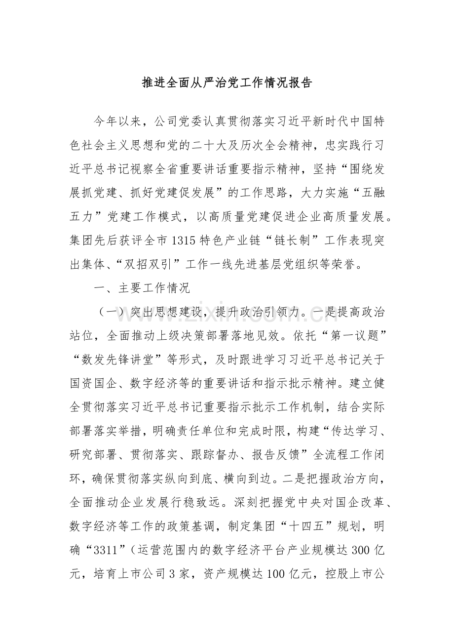 推进全面从严治党工作情况报告.docx_第1页