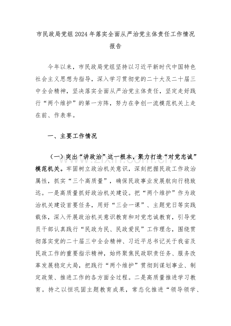 市民政局党组2024年落实全面从严治党主体责任工作情况报告.docx_第1页