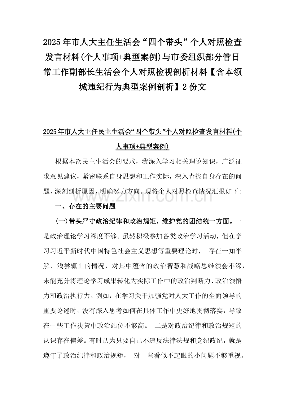 发言材料(个人事项+典型案例)与市委组织部分管日常工作副部长生活会个人对照检视剖析材料【含本领城违纪行为典型案例剖析】2份文.docx_第1页
