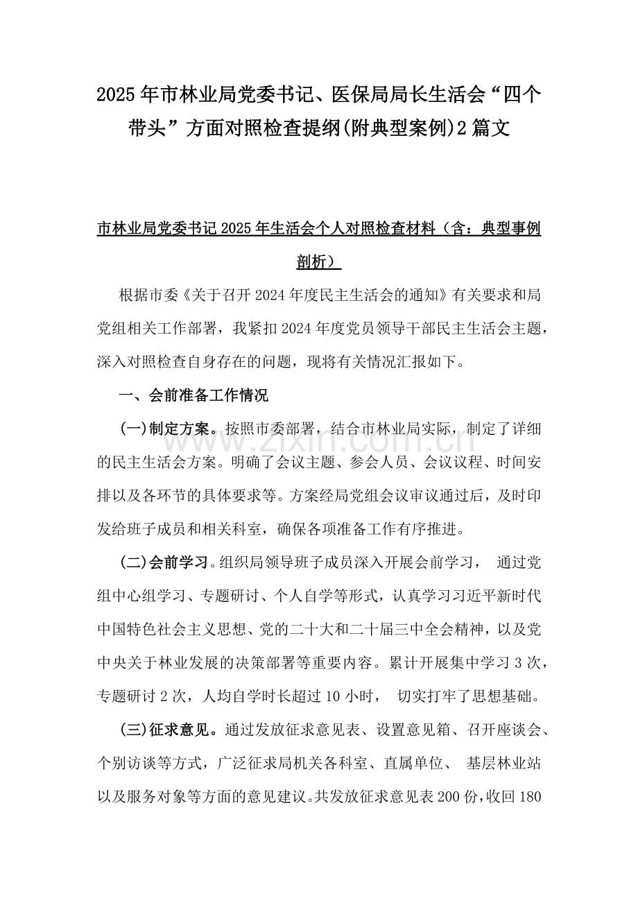 2025年市林业局党委书记、医保局局长生活会“四个带头”方面对照检查提纲(附典型案例)2篇文.docx_第1页