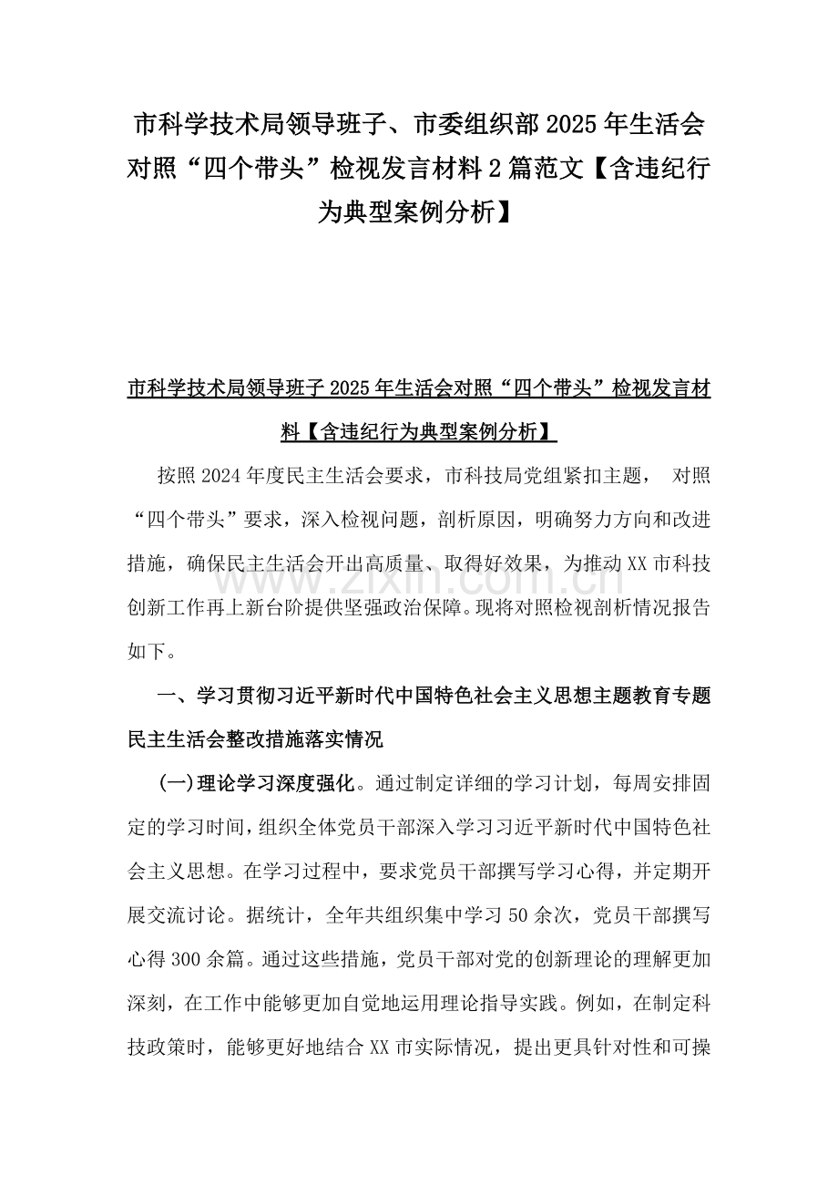 市科学技术局领导班子、市委组织部2025年生活会对照“四个带头”检视发言材料2篇范文【含违纪行为典型案例分析】.docx_第1页