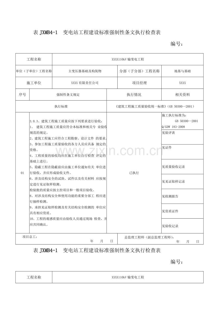 主变压器基础及构筑物强制性条文执行检查表.doc_第1页