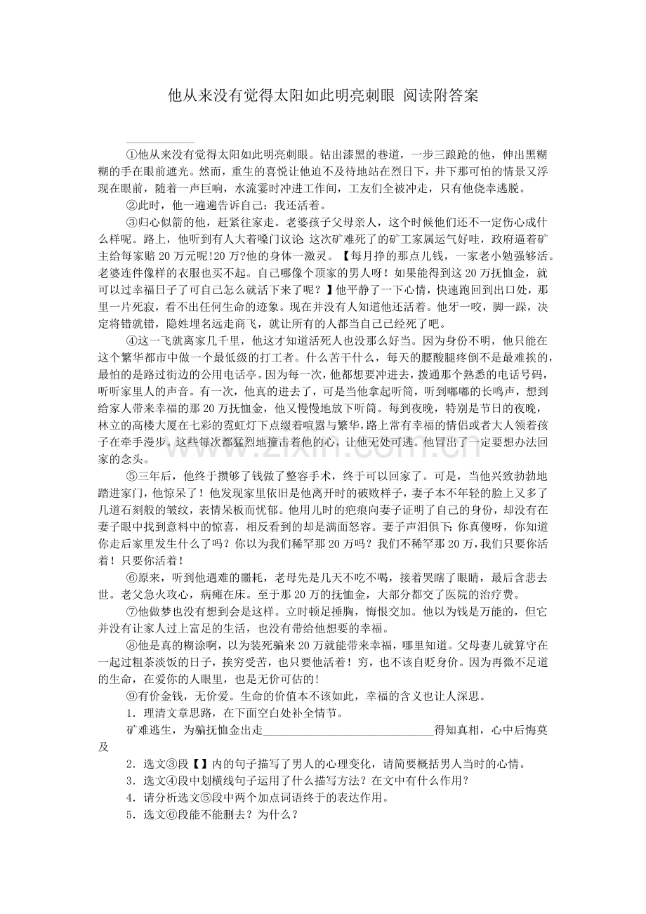 他从来没有觉得太阳如此明亮刺眼-阅读附答案.doc_第1页
