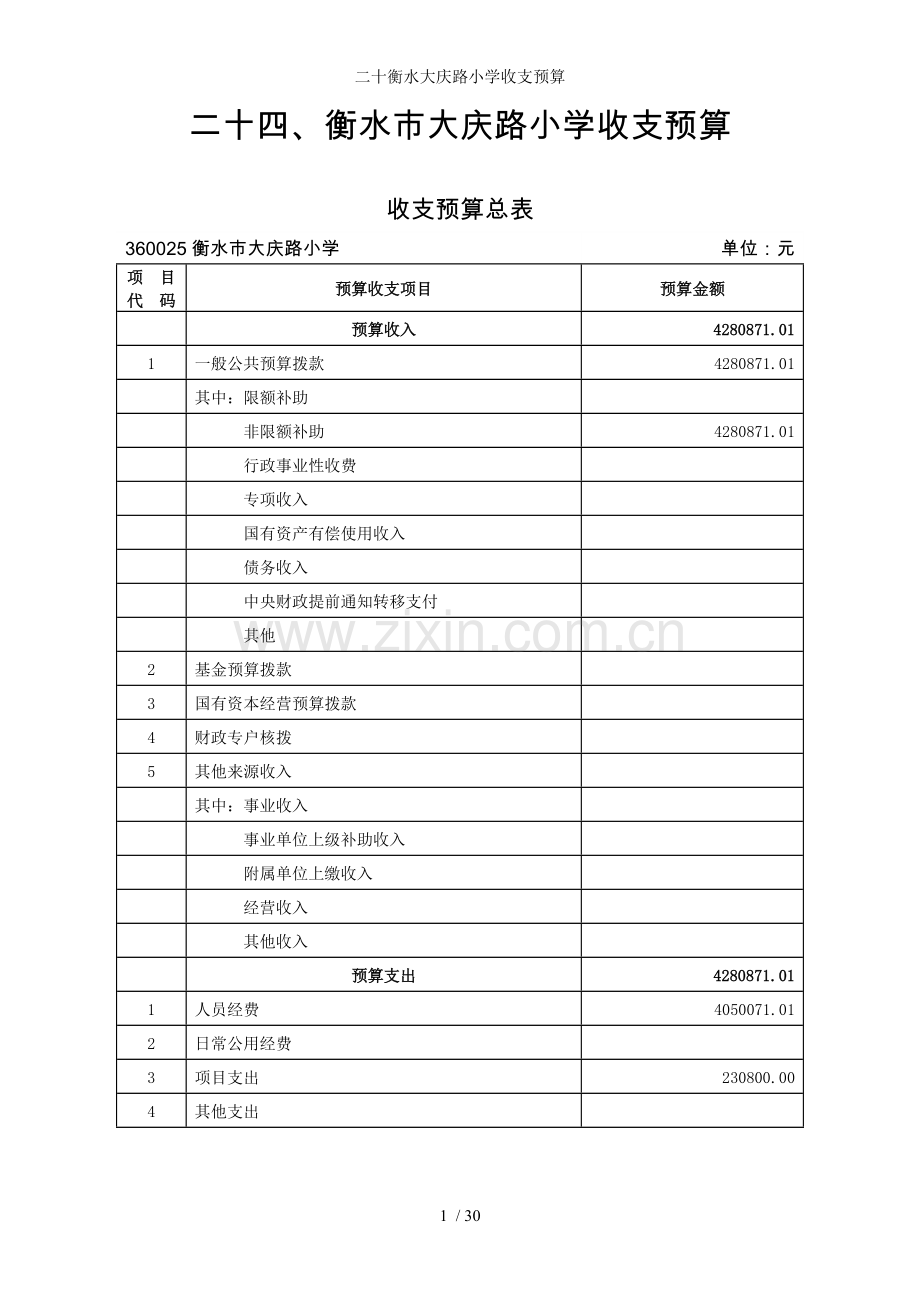 二十衡水大庆路小学收支预算.doc_第1页