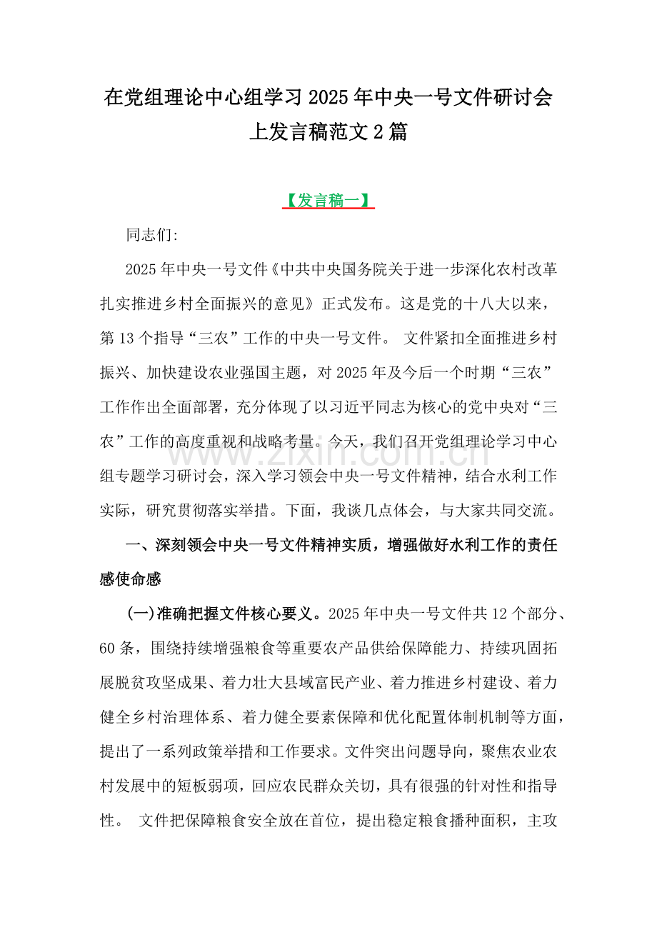 在党组理论中心组学习2025年中央一号文件研讨会上发言稿范文2篇.docx_第1页