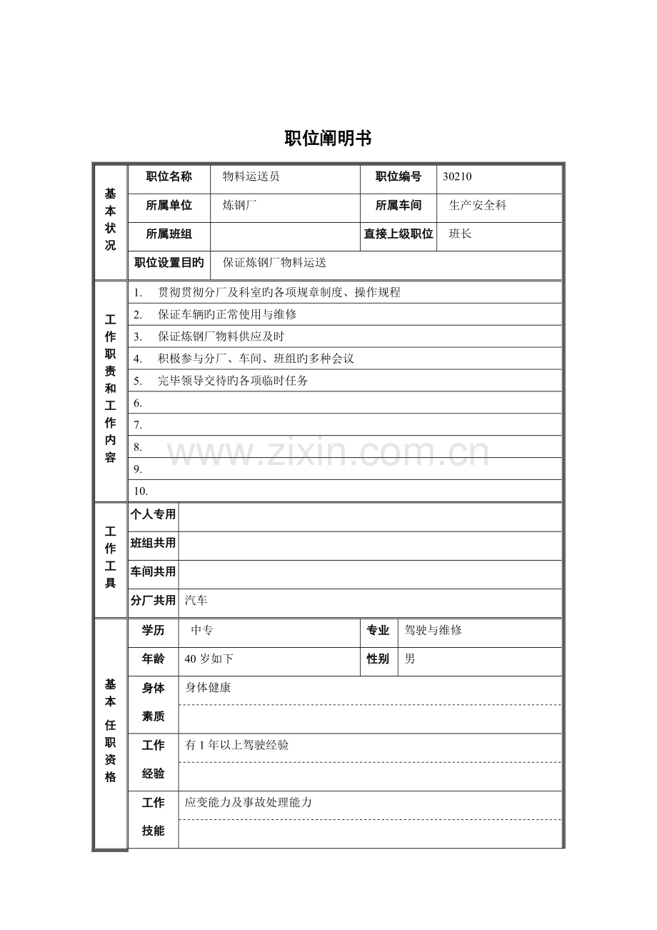 炼钢厂生产安全科物料运输员职位说明书.doc_第1页