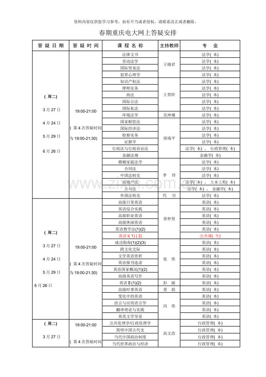 春期重庆电大网上答疑安排新版.doc_第1页