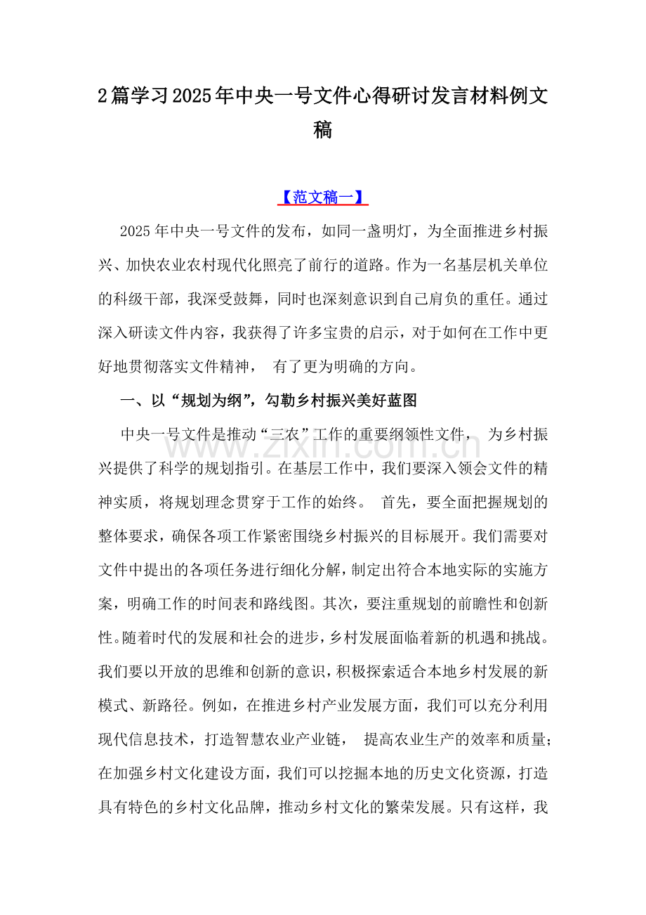 2篇学习2025年中央一号文件心得研讨发言材料例文稿.docx_第1页