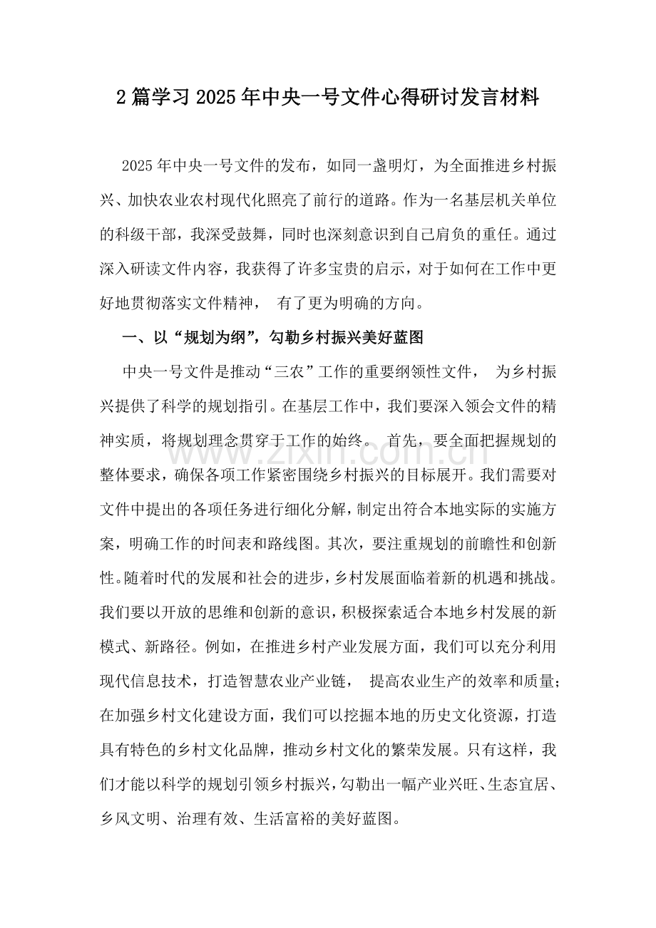 2篇学习2025年中央一号文件心得研讨发言材料.docx_第1页
