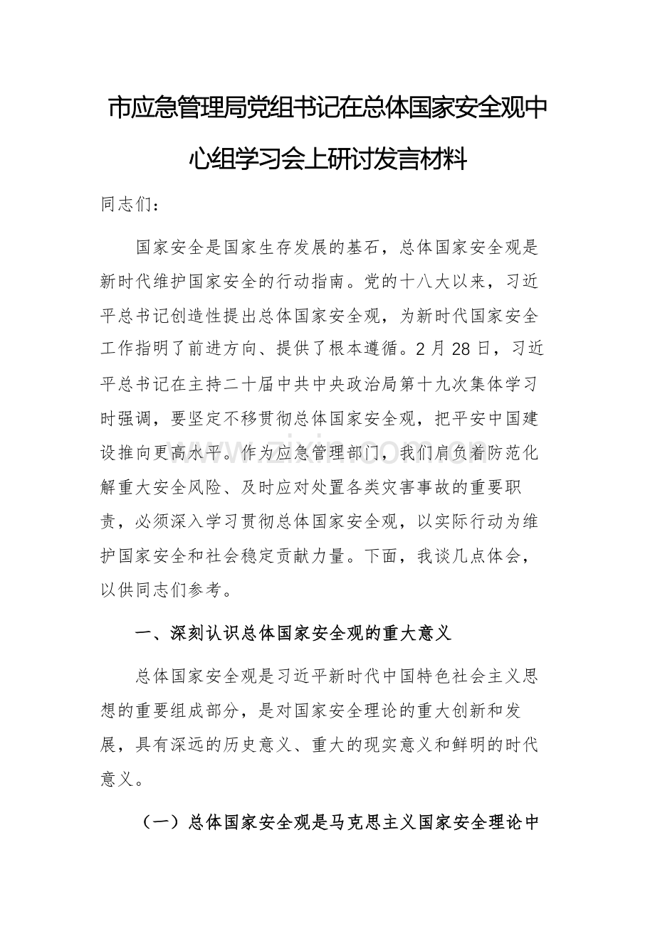 应急管理部门党组书记在总体国家安全观中心组学习会上研讨发言材料供参考.docx_第1页