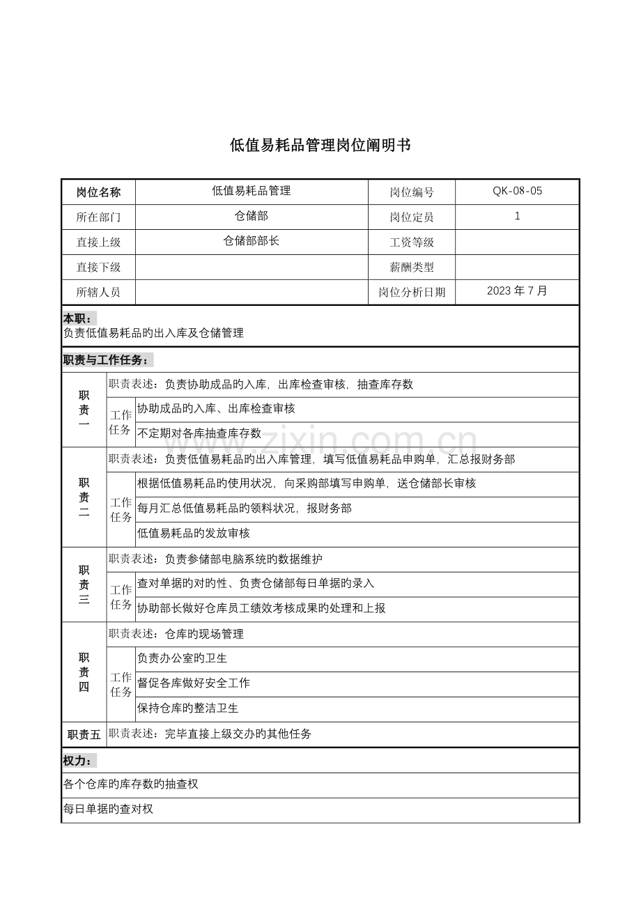 建材行业仓储部低值易耗品管理岗位说明书.doc_第1页