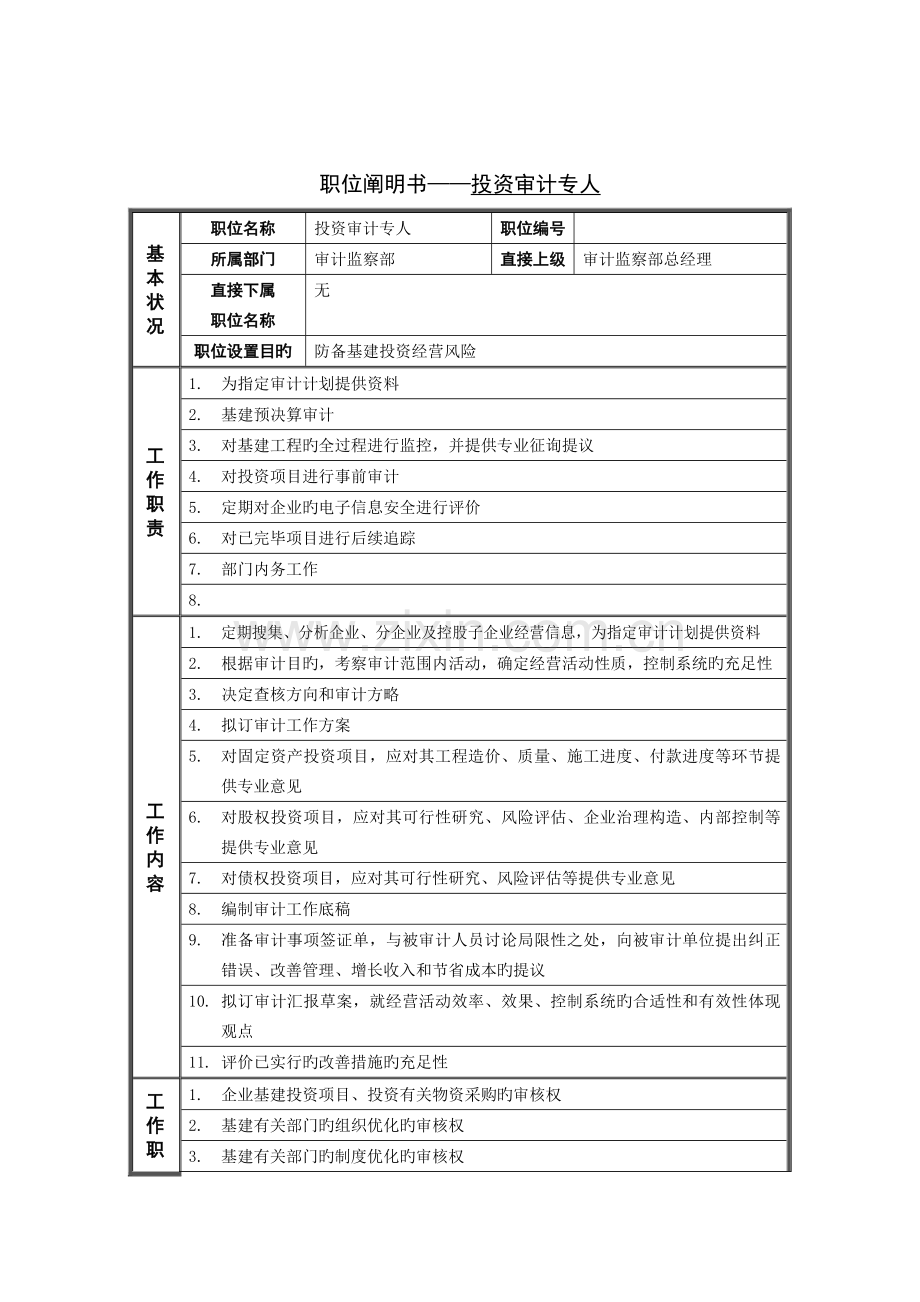 投资审计专员岗位说明书.doc_第1页