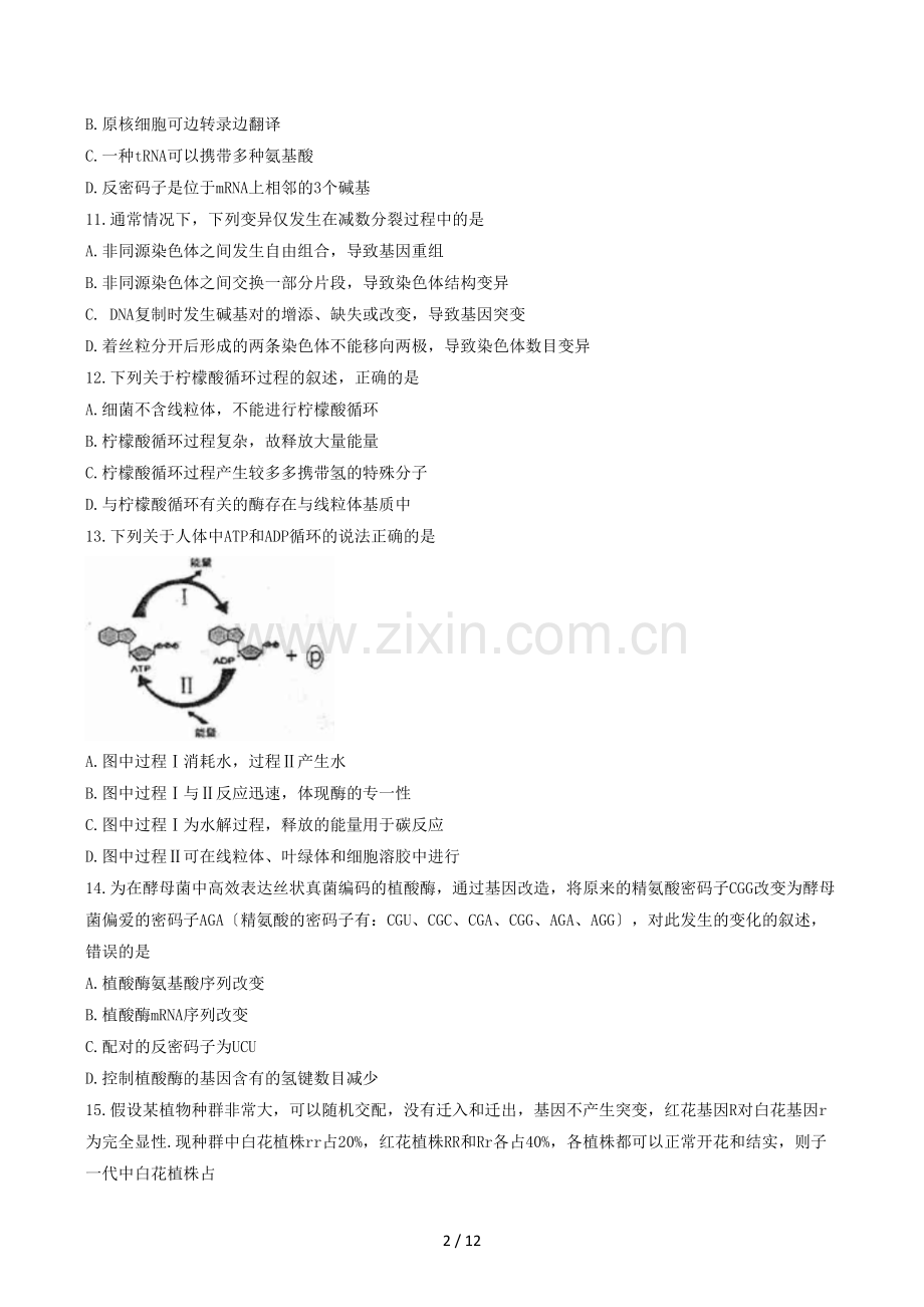 浙江省高三上学期第一次联考选考科目考试生物试题.doc_第2页