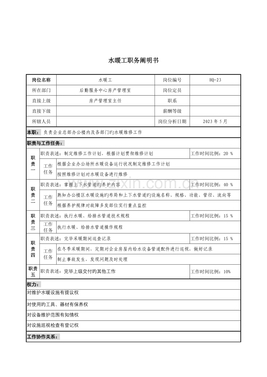通信行业后勤服务中心水暖工岗位说明书.doc_第1页