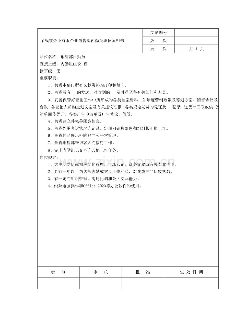 线缆企业有限公司销售部内勤员职位说明书.doc_第1页