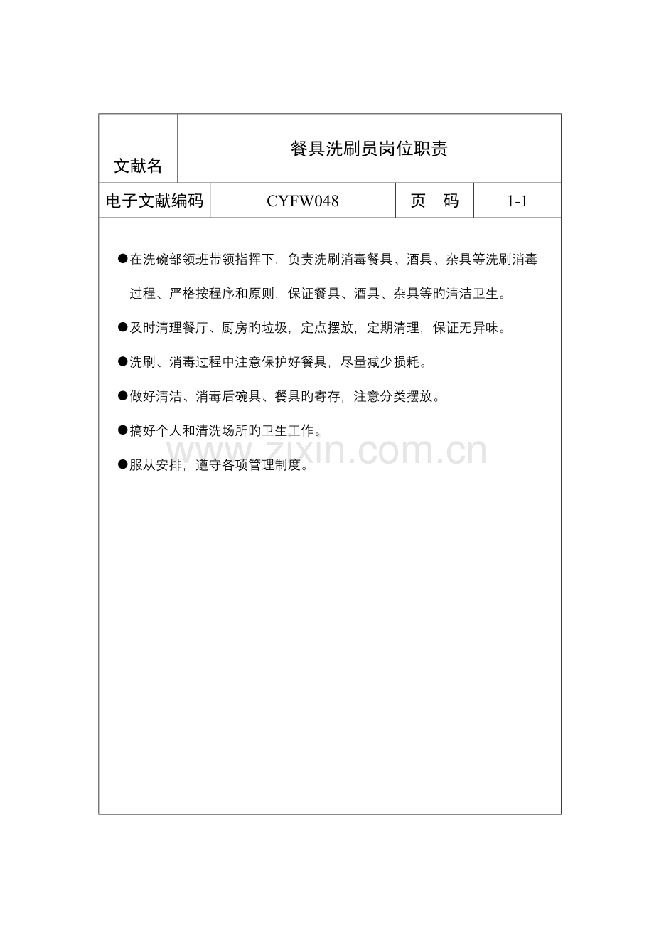 餐具洗刷员岗位说明书.doc_第1页