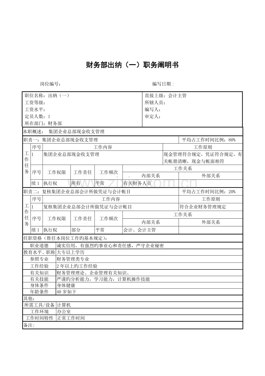 财务部出纳一职务说明书.doc_第1页