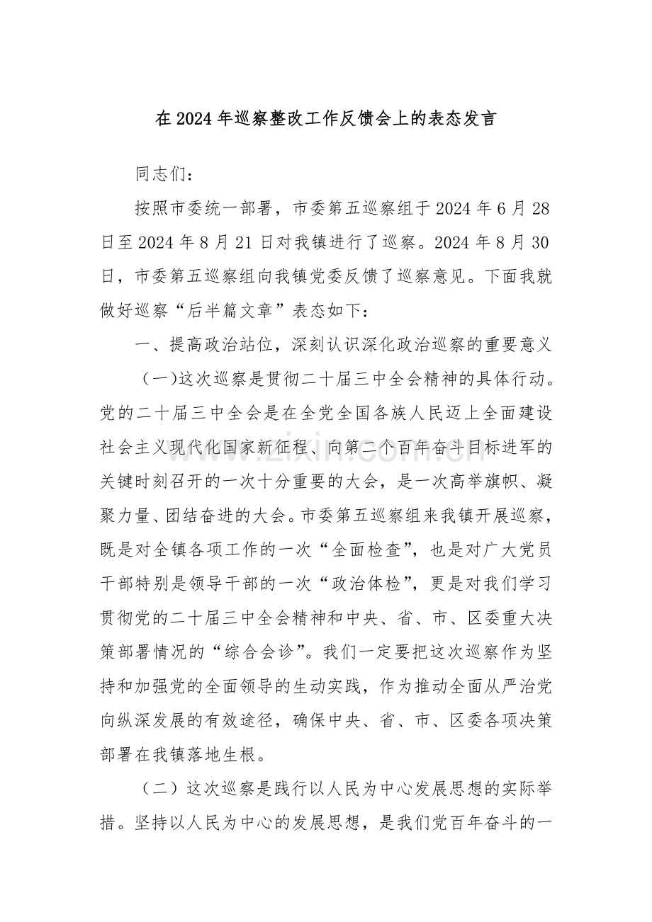 在2024年巡察整改工作反馈会上的表态发言.docx_第1页