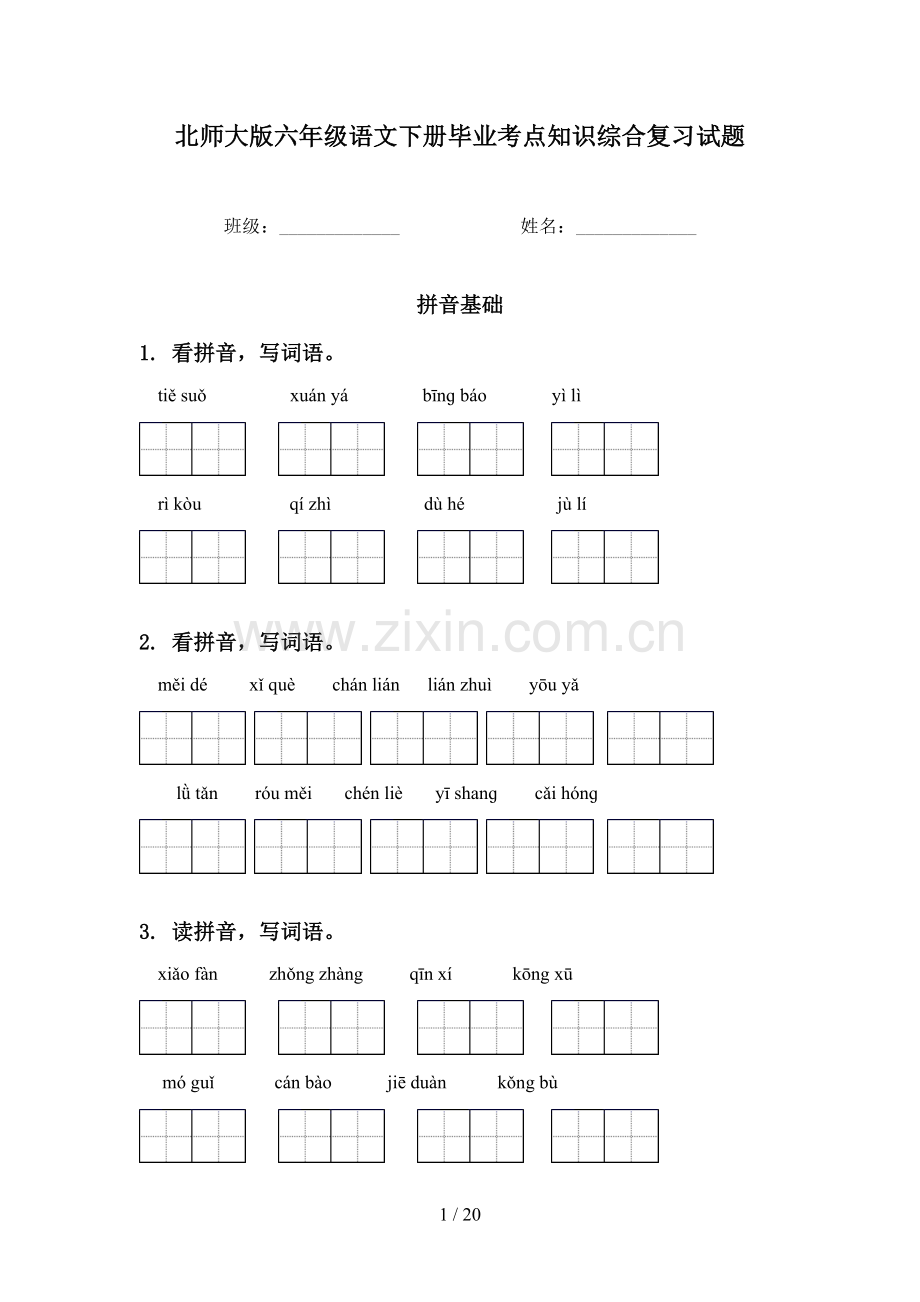 北师大版六年级语文下册毕业考点知识综合复习试题.doc_第1页