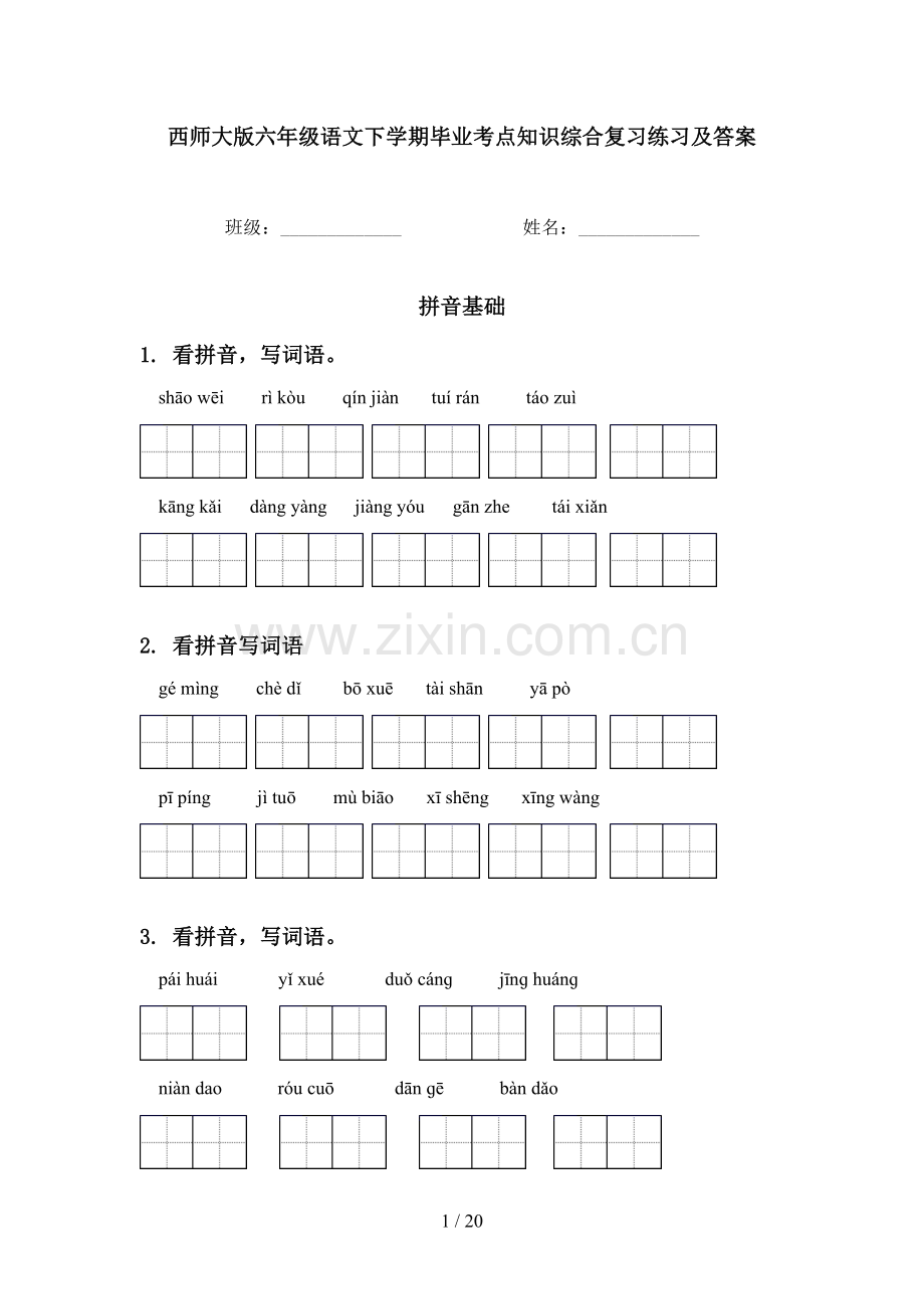 西师大版六年级语文下学期毕业考点知识综合复习练习及答案.doc_第1页
