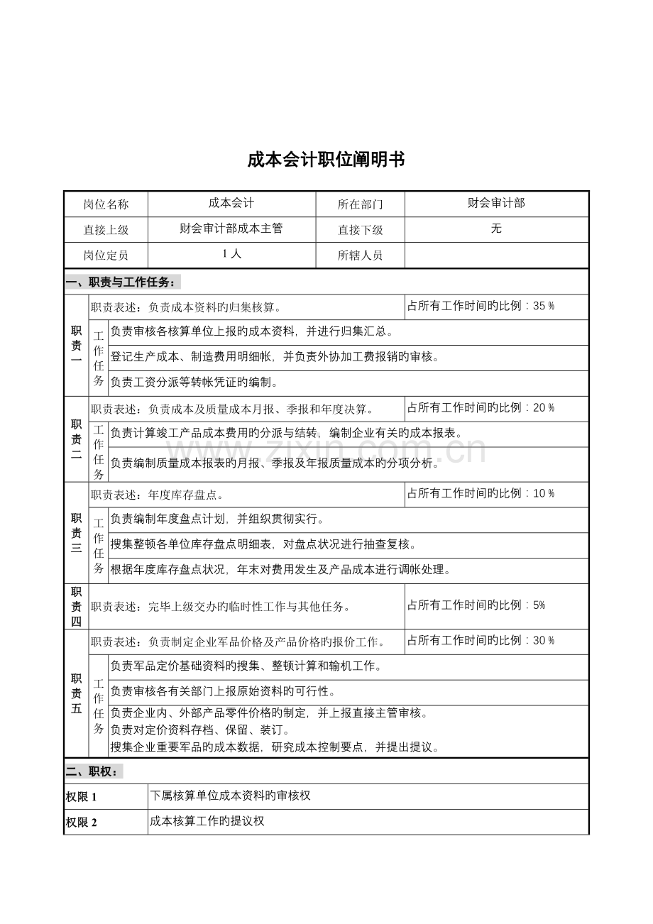 成本会计岗位说明书模板.doc_第1页