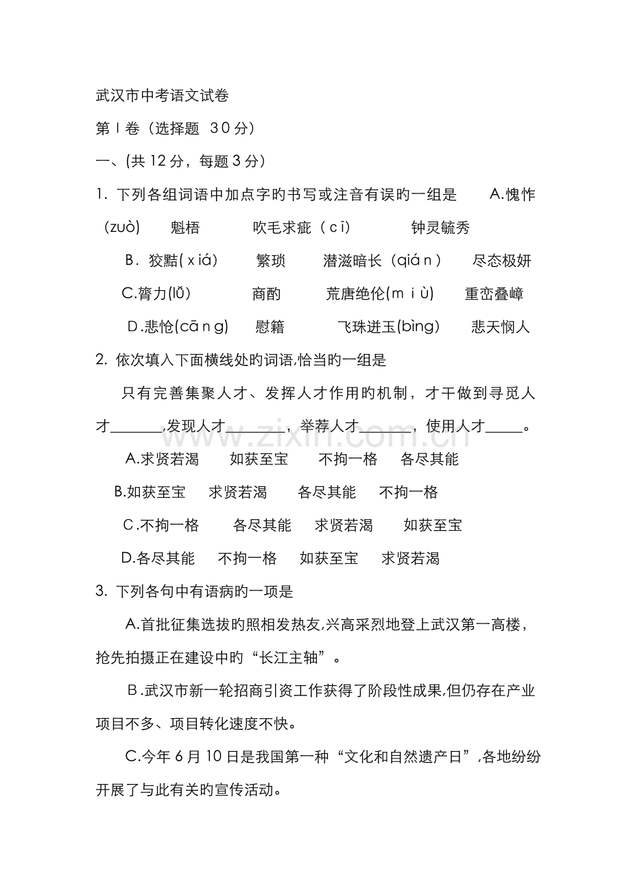 武汉市中考语文试卷及参考答案.doc_第1页