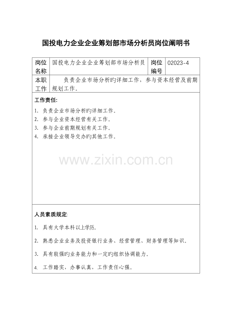 国投电力公司企业策划部市场分析员岗位说明书.doc_第1页