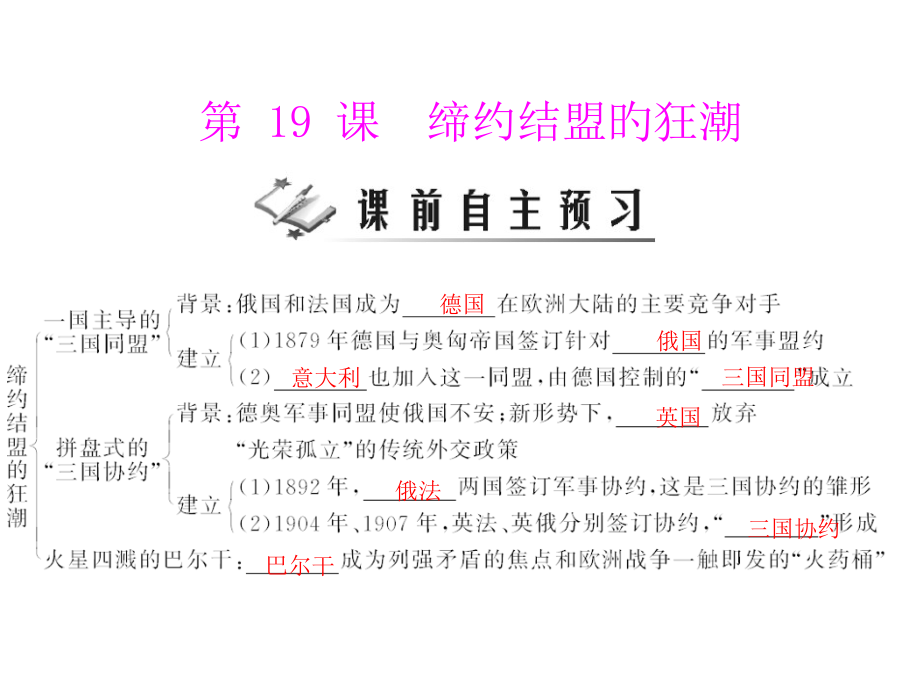 《随堂优化训练》历史北师大版九年级上册第三单元第19课缔约结盟的狂潮.pptx_第1页