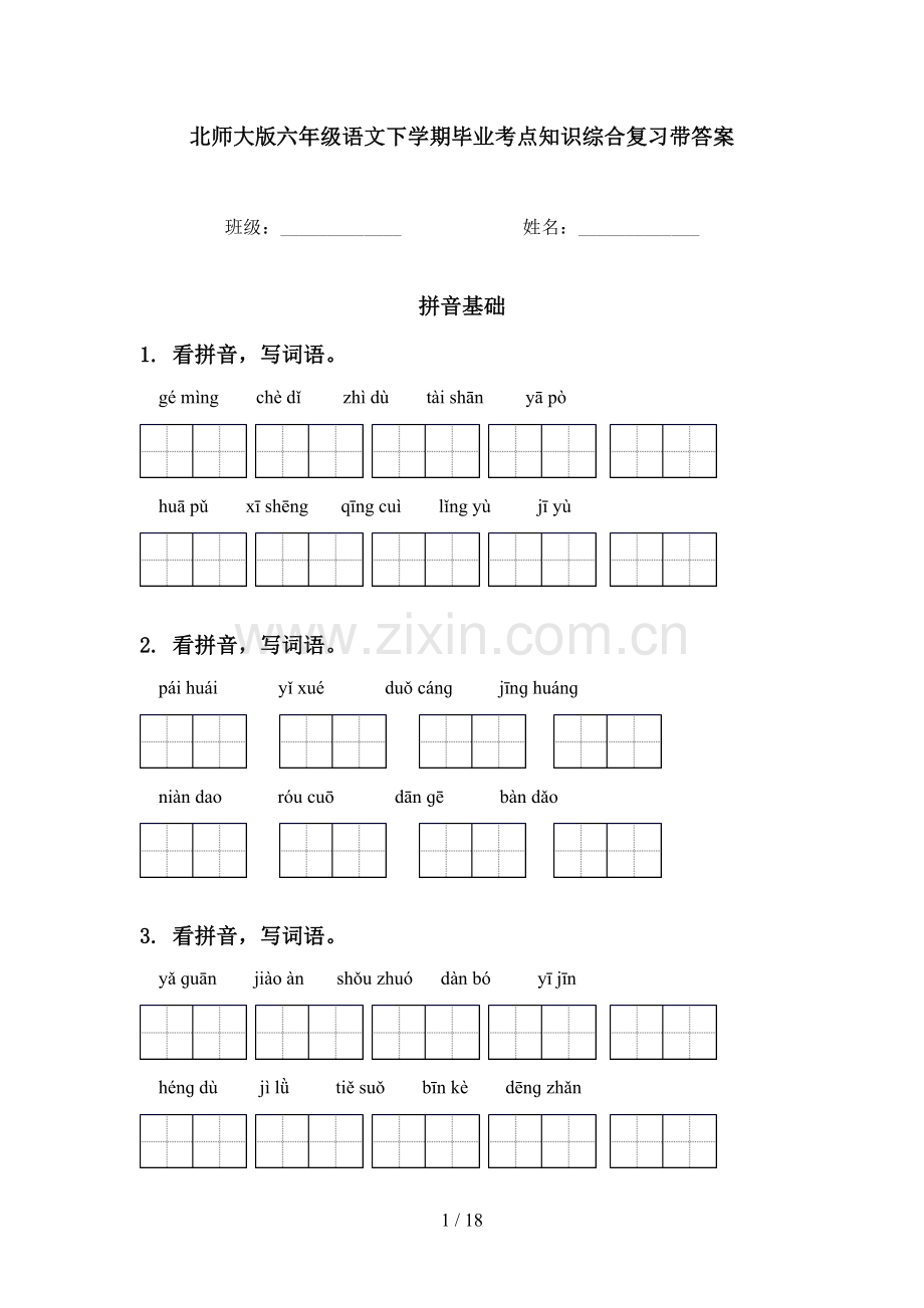 北师大版六年级语文下学期毕业考点知识综合复习带答案.doc_第1页