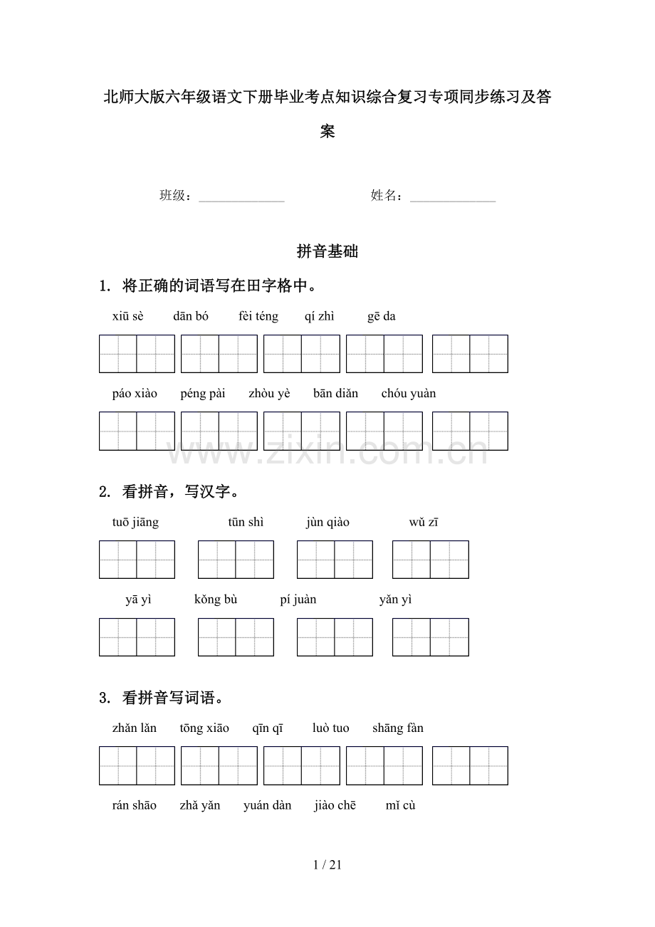 北师大版六年级语文下册毕业考点知识综合复习专项同步练习及答案.doc_第1页