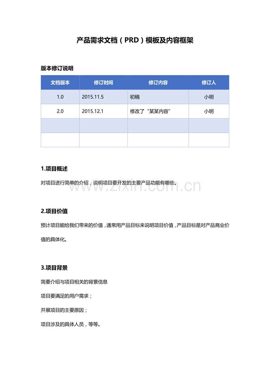 软件开发文档：产品需求文档(PRD)内容框架及模板.pdf_第1页