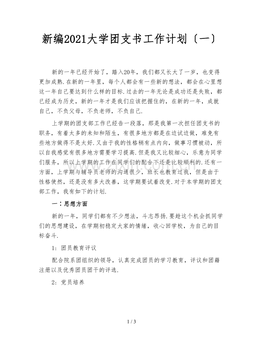 新编2021大学团支书工作计划(一).doc_第1页