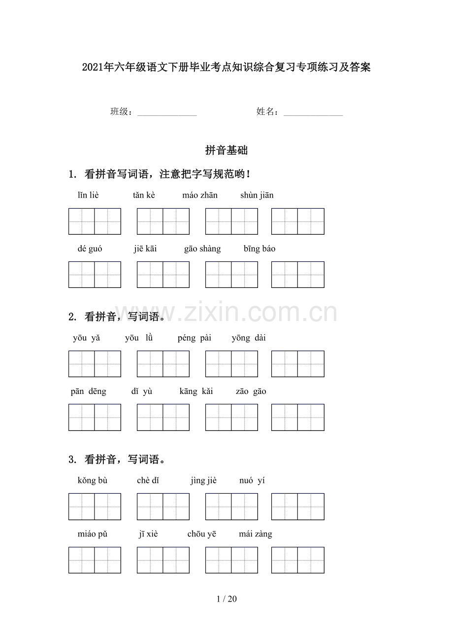 2021年六年级语文下册毕业考点知识综合复习专项练习及答案.doc_第1页